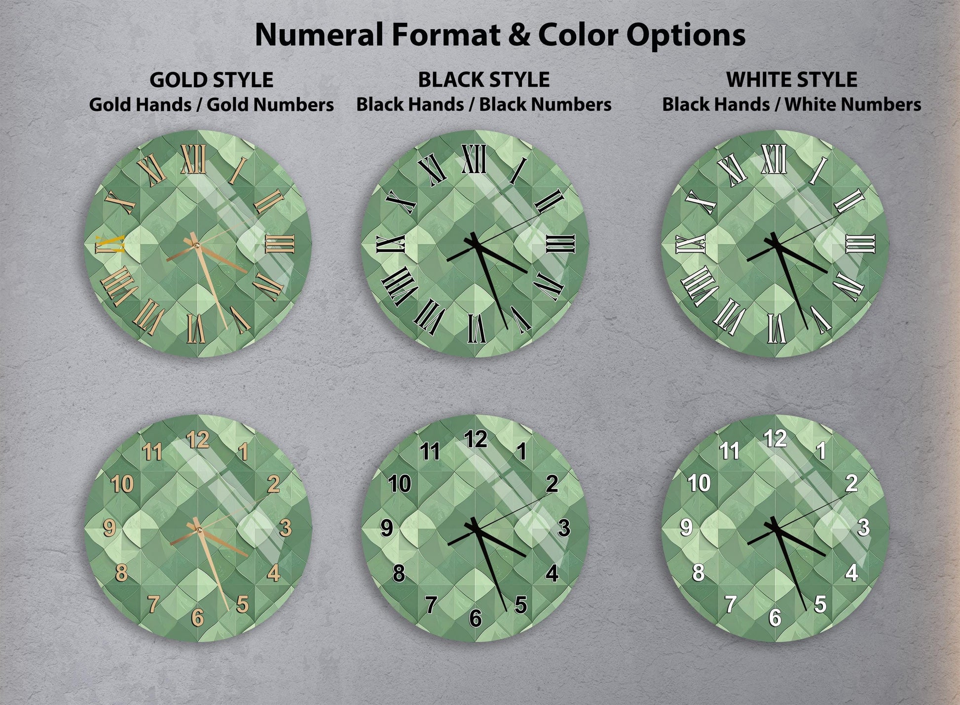 a collection of six clock faces with different styles and color options, including gold hands, black hands, black numbers, white hands, black numbers, and white numbers.