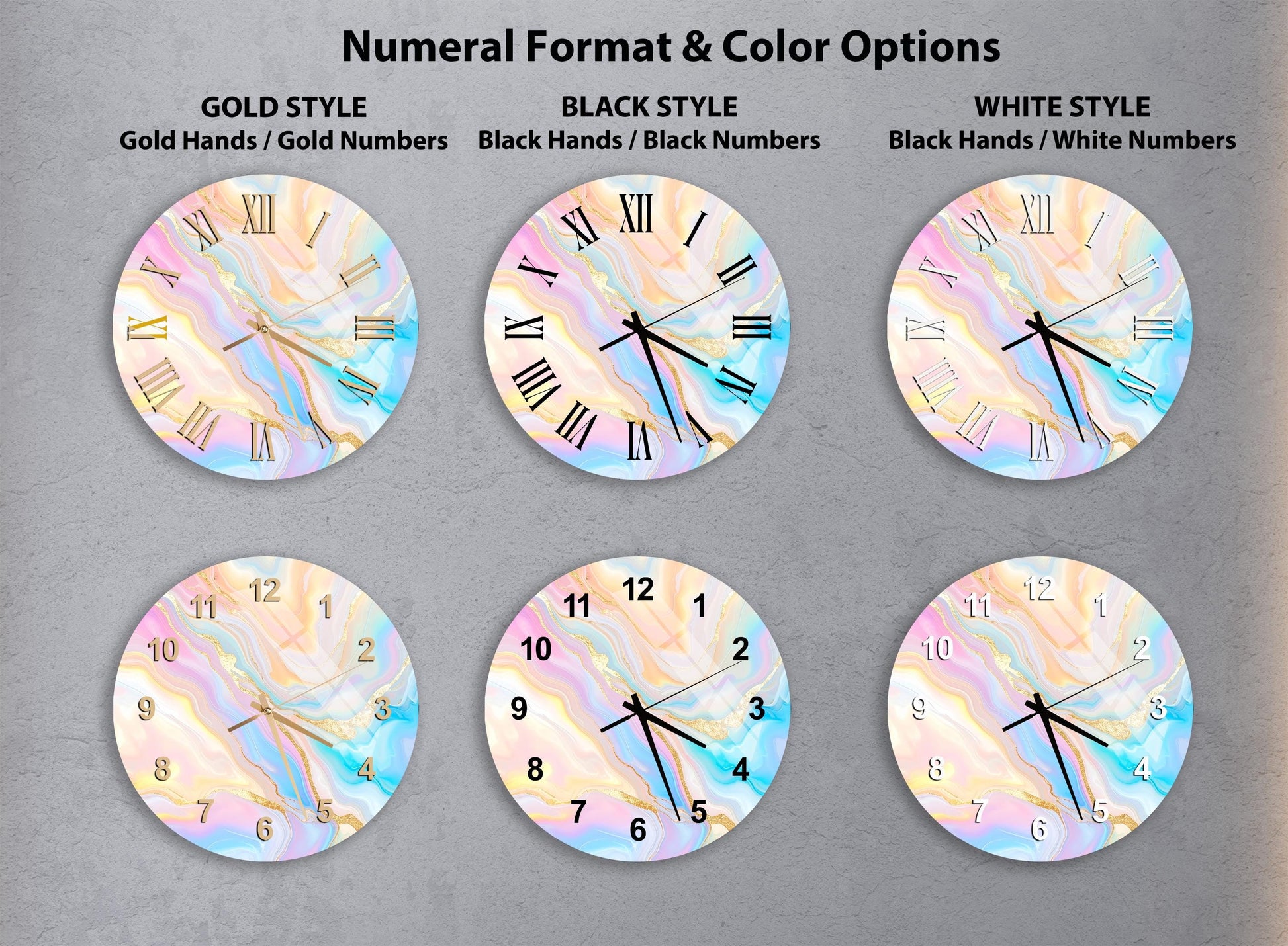 a collection of six different wall clocks, each with a unique design and color scheme. The clocks are arranged in a grid format, with three clocks in each row and two clocks in each column. The clocks feature various styles, including gold hands, gold numbers, black hands, black numbers, white hands, and white numbers. The clocks are arranged in a visually appealing manner, showcasing the diversity and creativity of the designs.