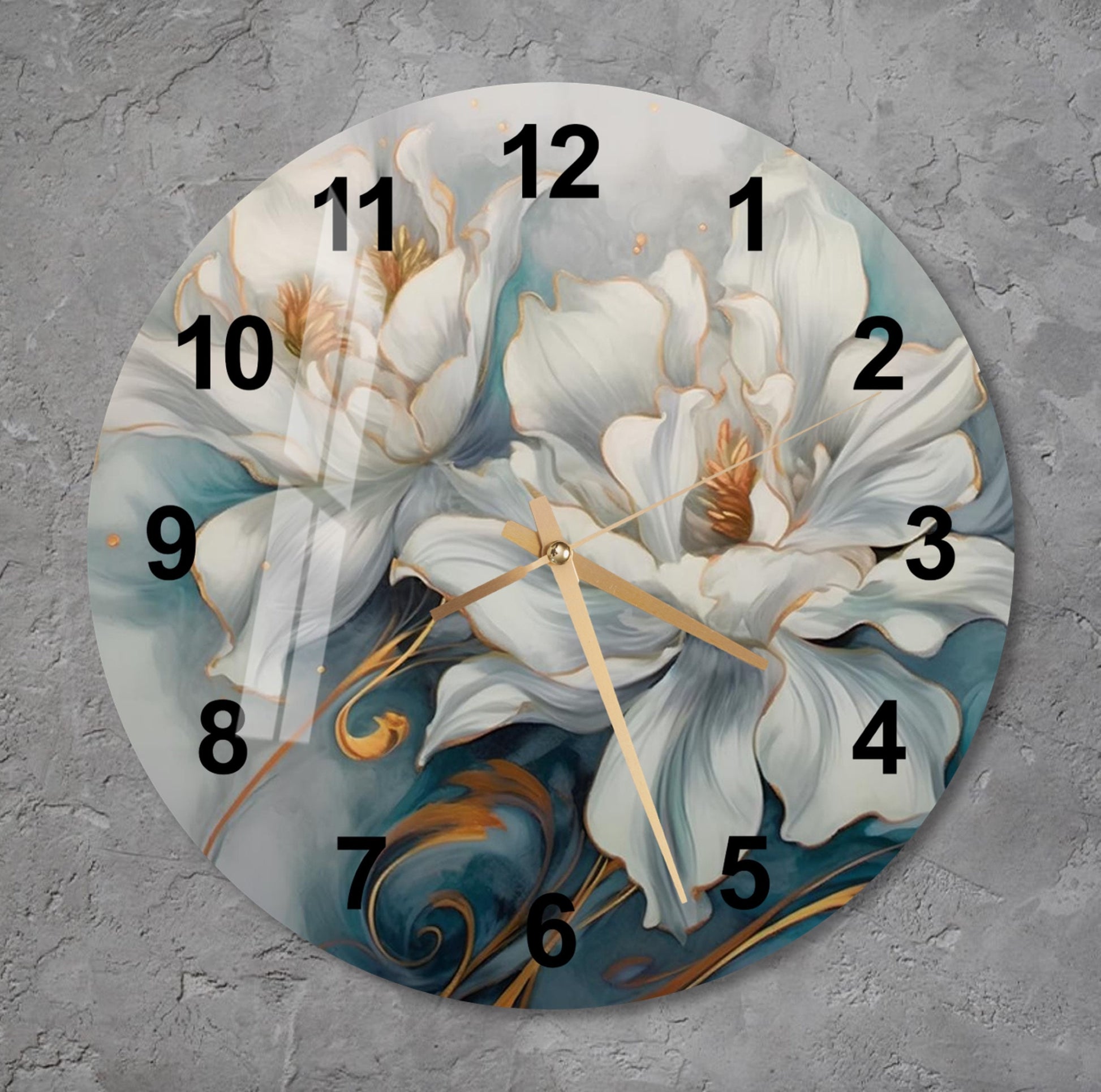 a clock with white flowers painted on it