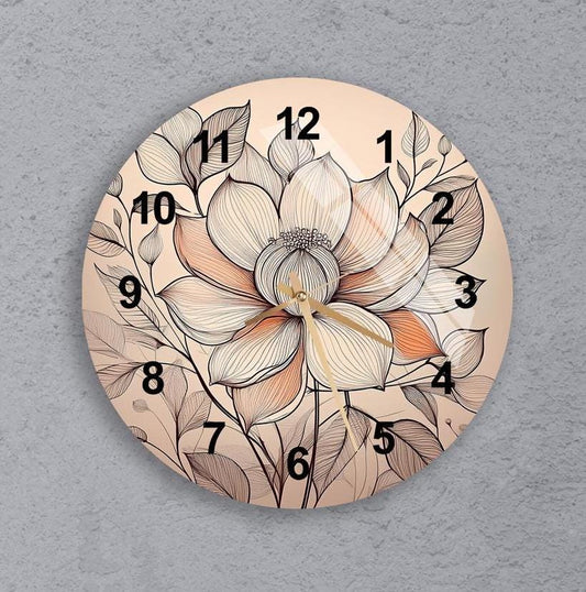 Tempered Glass Wall Clock – Modern Floral Design, Beige Minimalist Decor Gift