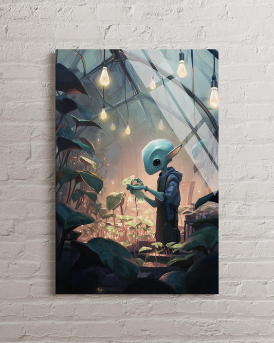 Tempered Glass Wall Art – Whimsical Space Botanical Art with Bioluminescent Plants