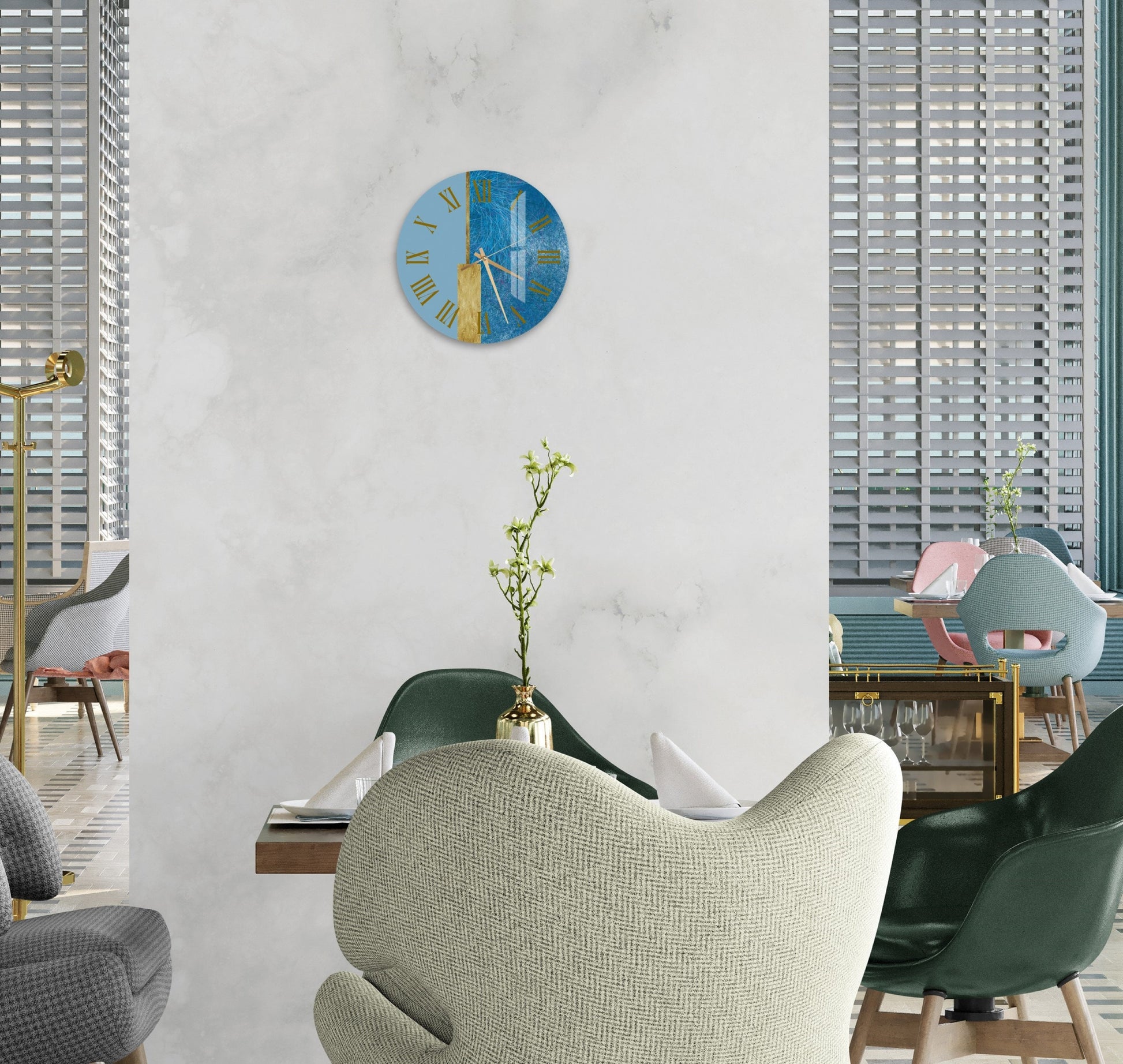 a living room with a clock on the wall