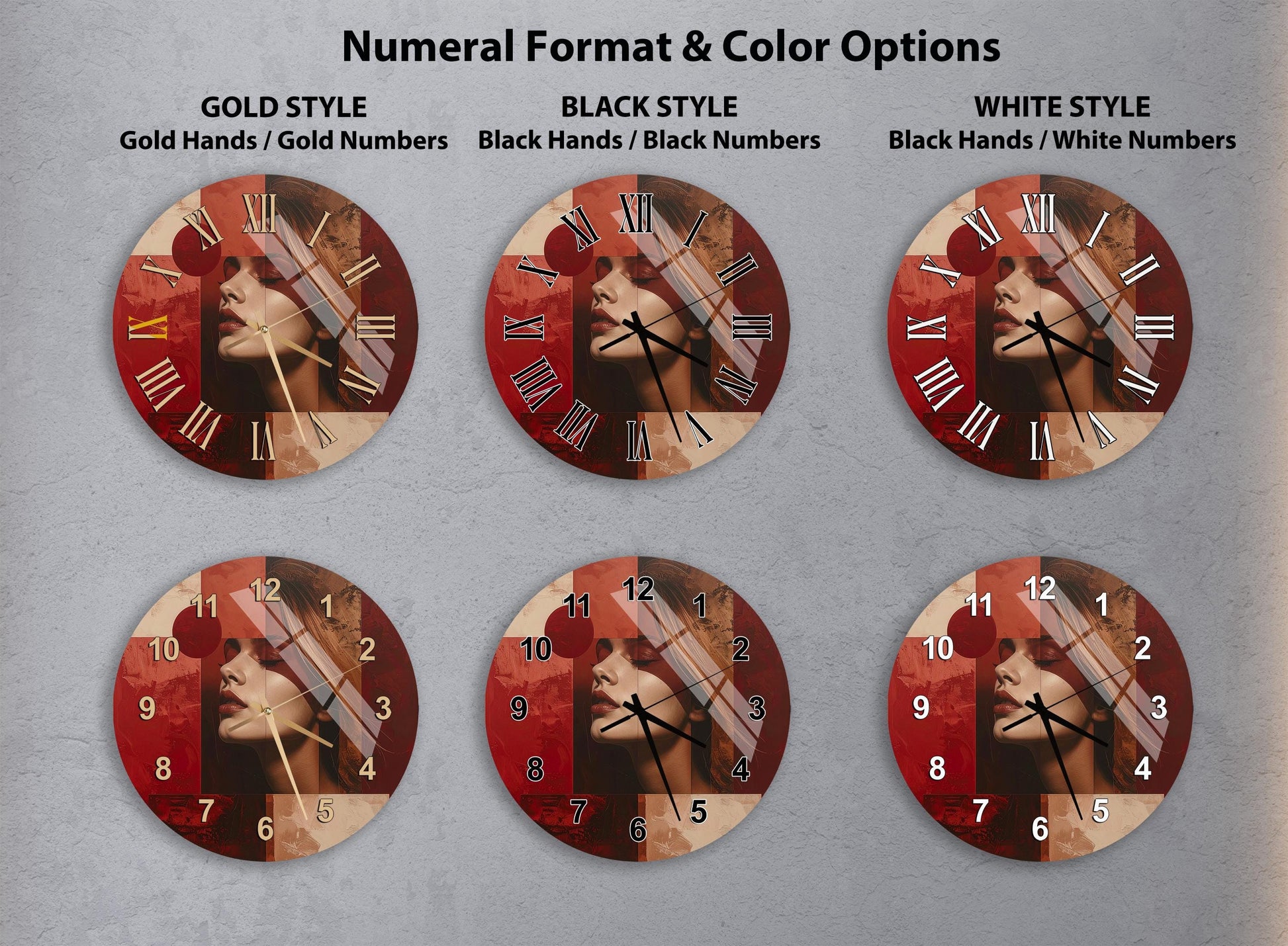 a collection of six wall clocks, each with a different color and style, arranged in a grid. The clocks feature a woman's face and are designed in a gold, black, and white color scheme.