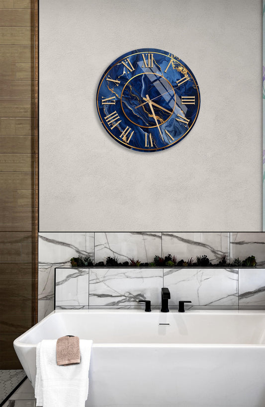 Tempered Glass Wall Clock – Modern Blue Gold Abstract Marble Decorative Clock