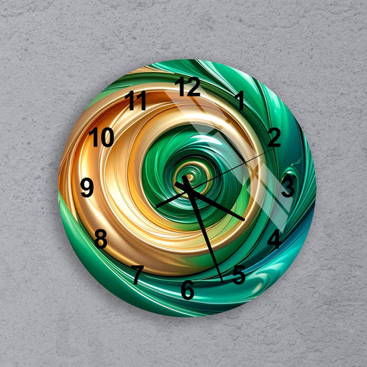 A wall clock with a spiral design in shades of green and gold.