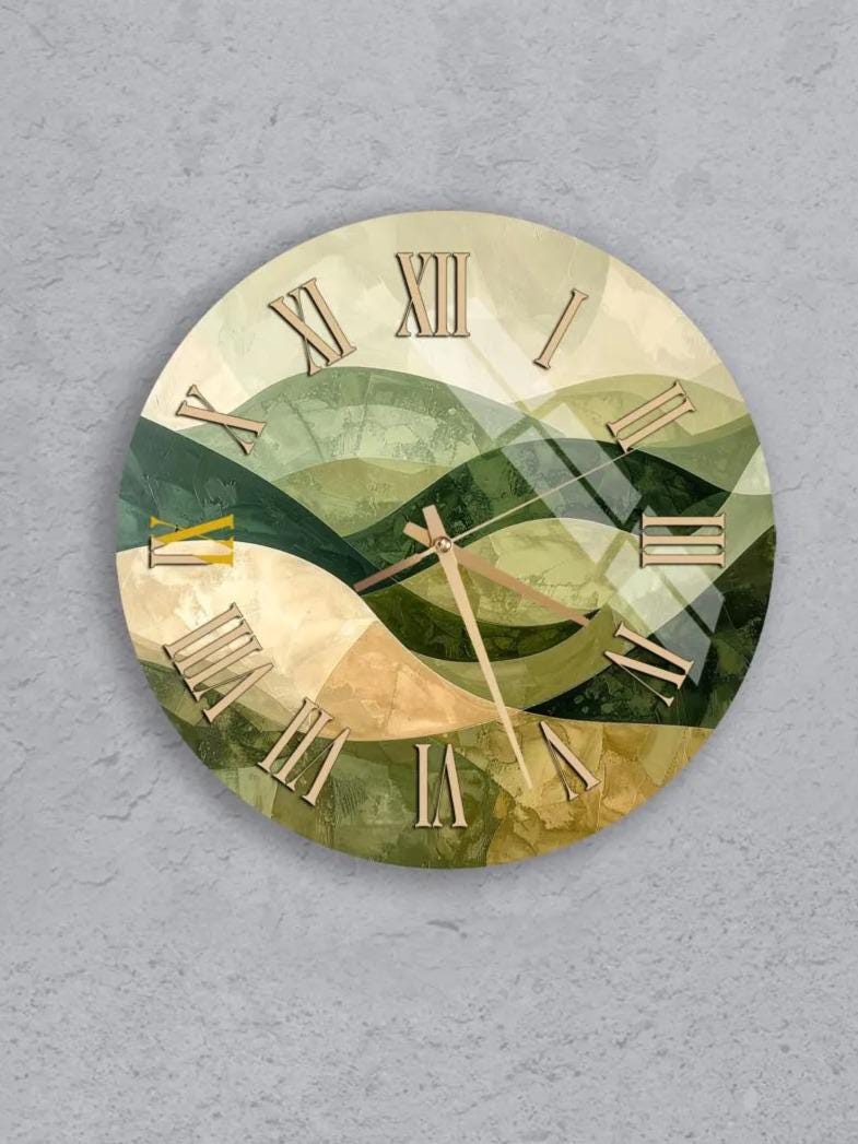 six circular wall clocks with different designs and styles, all set against a gray background.