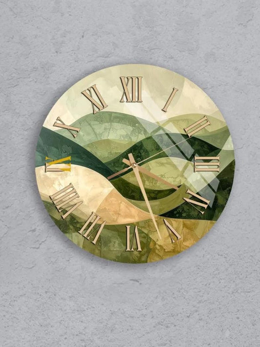six circular wall clocks with different designs and styles, all set against a gray background.