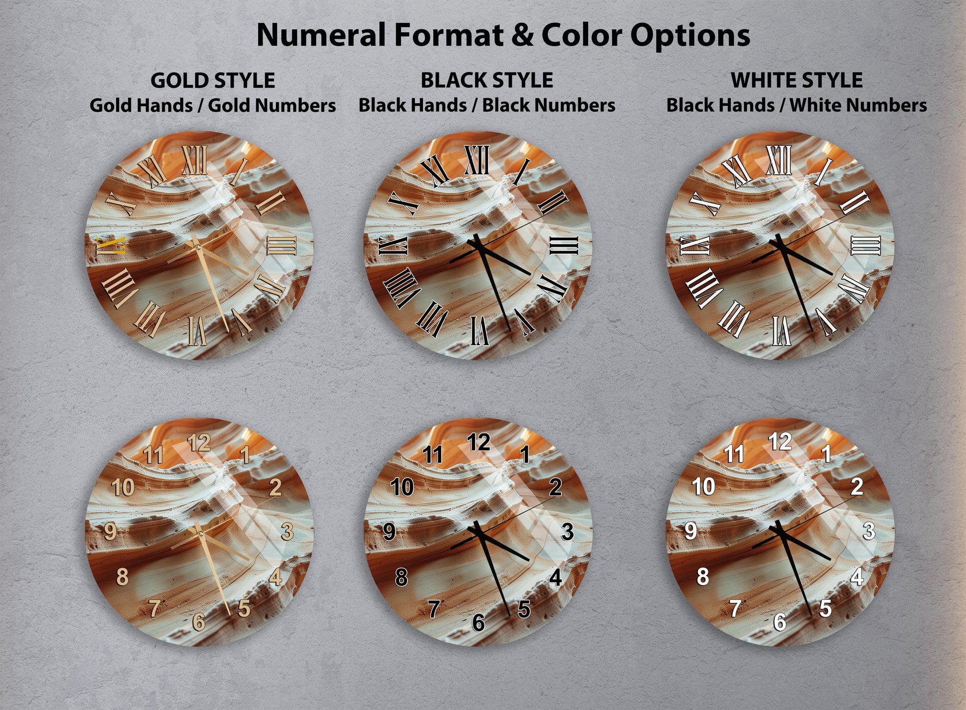 a collection of six wall clocks with different styles and color options, arranged in a grid format.