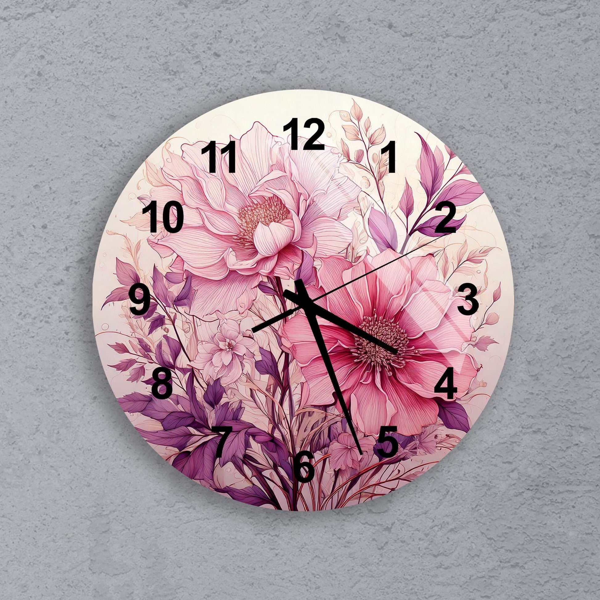 a clock with pink flowers painted on it