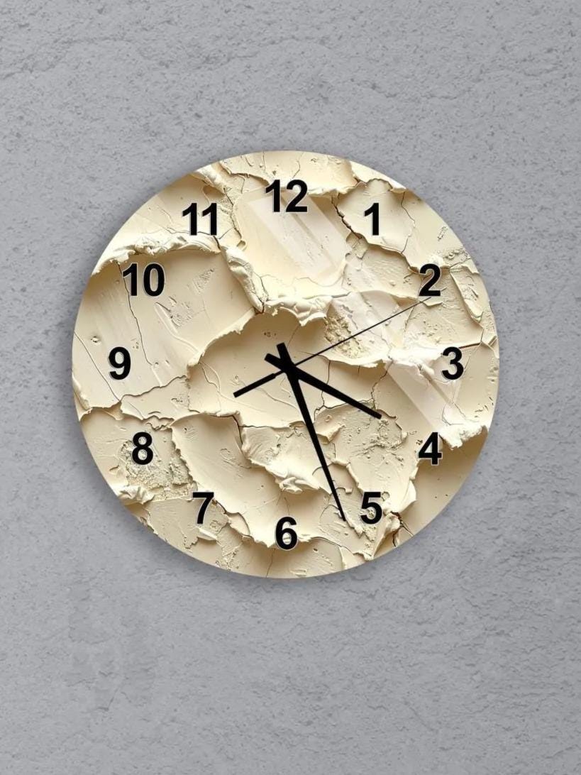 six different clock faces, each with unique designs and styles, mounted on a gray wall.