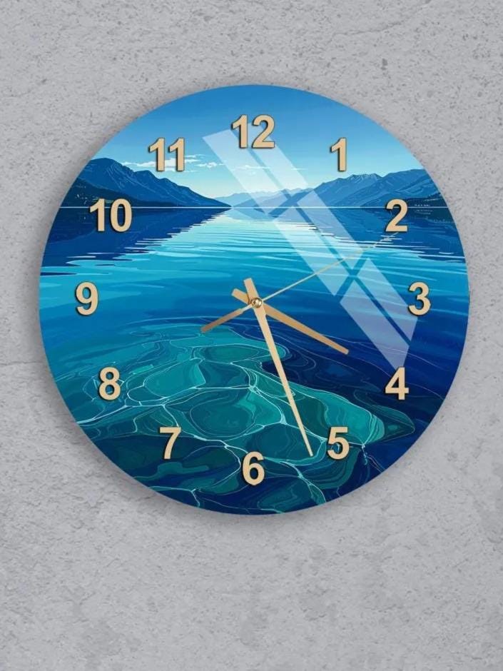 six circular wall clocks with blue ocean and sky backgrounds, each showing a different time.