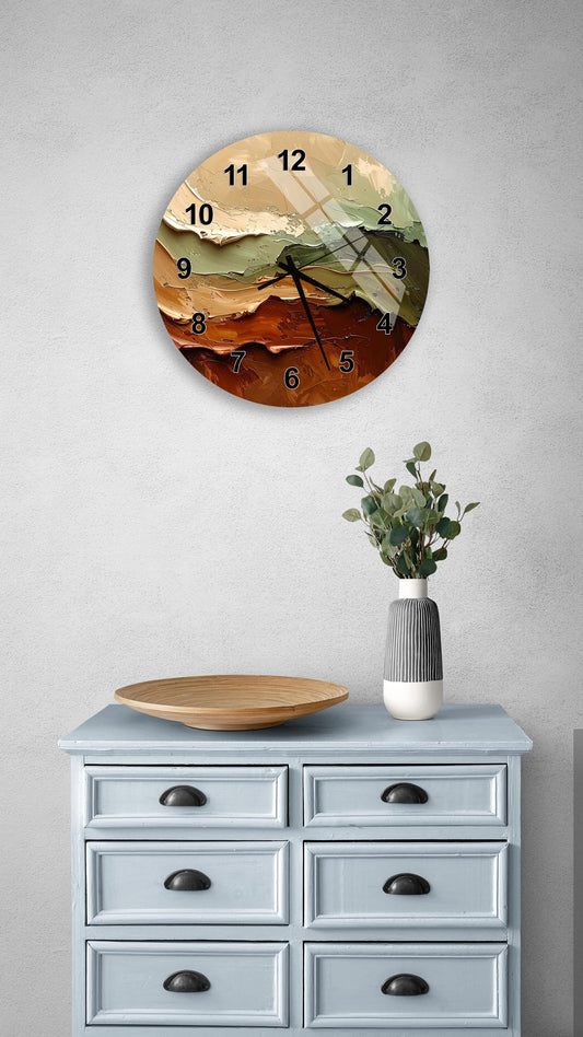 a wall clock with a colorful design, a wooden tray, a vase with greenery, and a gray dresser with six drawers.
