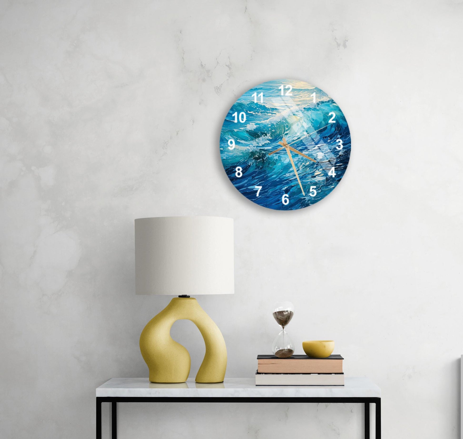 a table with a lamp and a clock on it