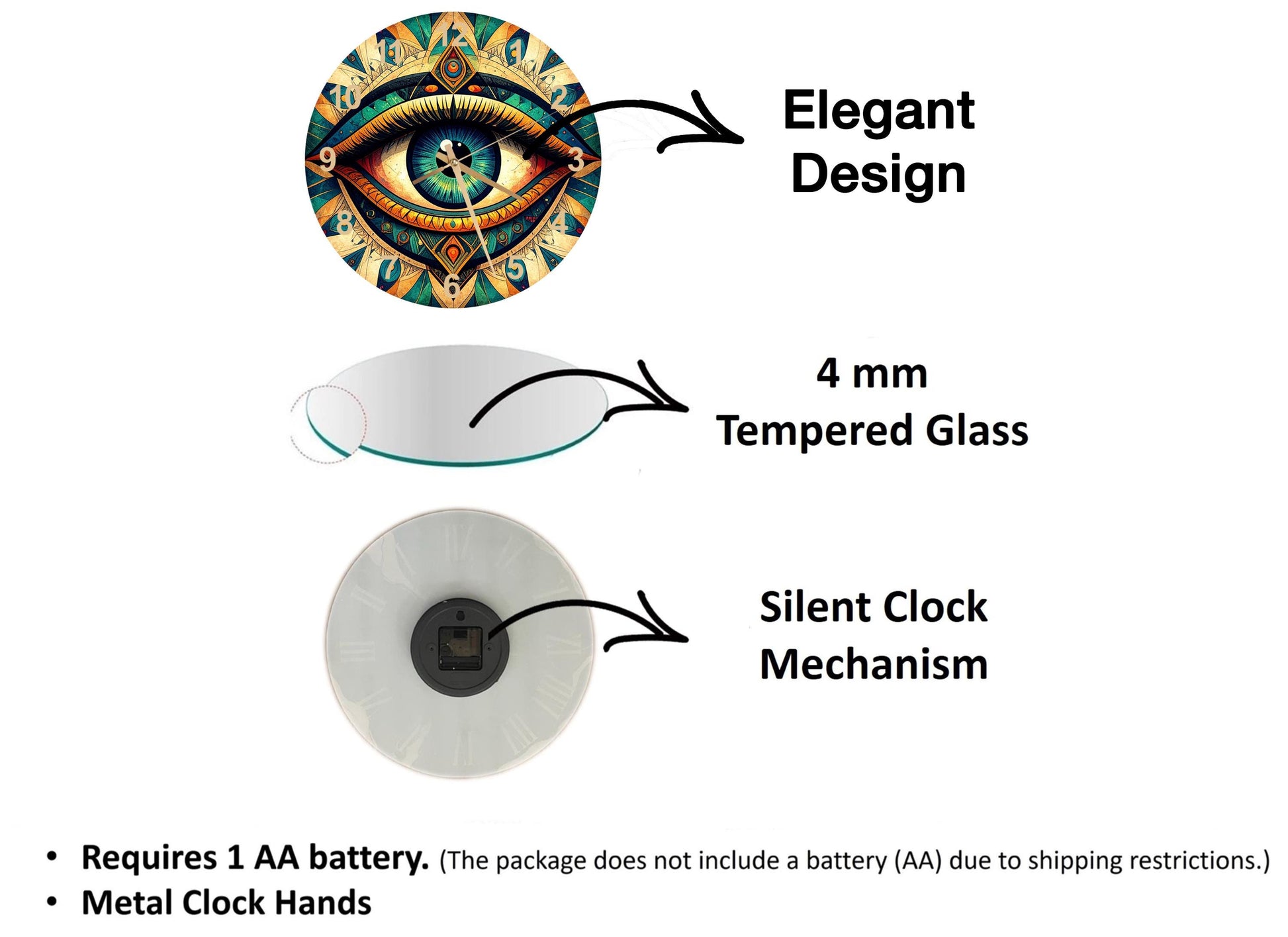 The image is a diagram that illustrates the features of an elegant design clock, including a 4 mm Tempered Glass face, a silent clock mechanism, and metal clock hands.