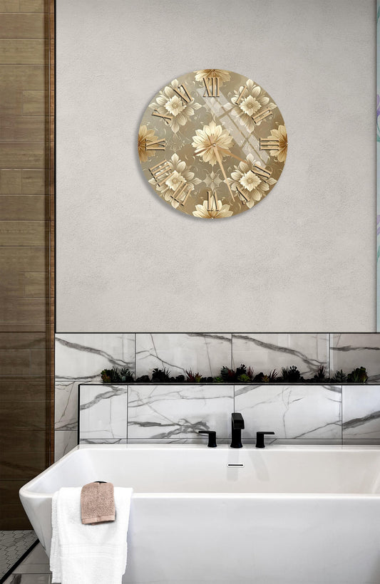 Floral Glass Wall Clock – Beige Gold Flower Design | Large Tempered Glass Clock