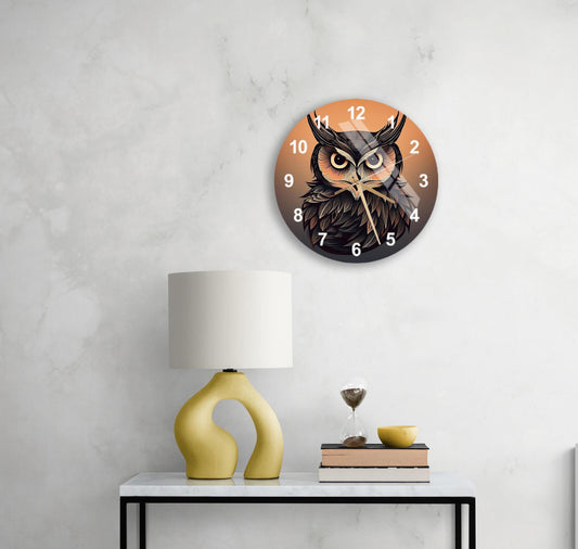 Glass Owl Clock – Tempered Glass, Nature Wall Art | Silent, Scratch Resistant