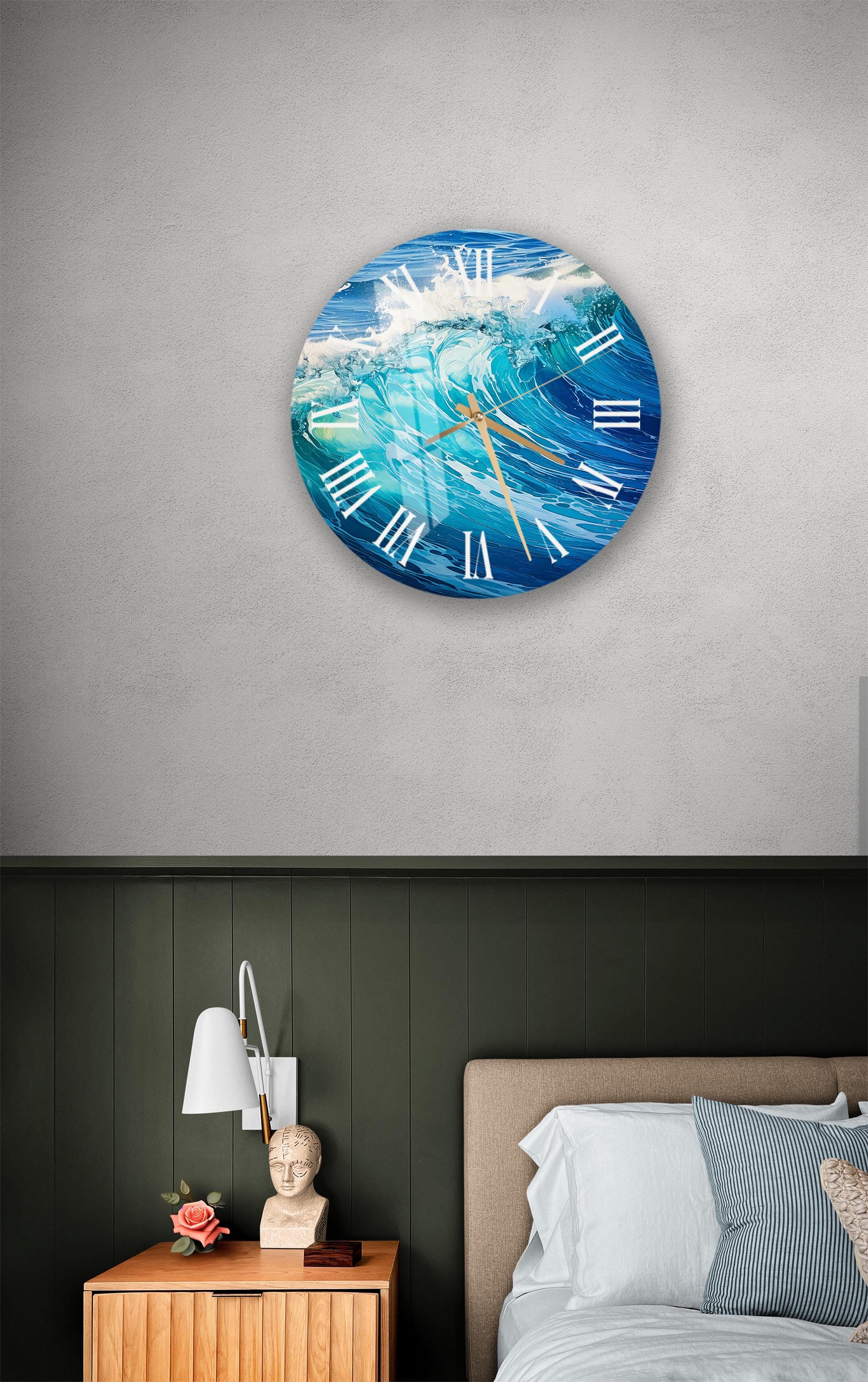a bedroom with a bed and a clock on the wall