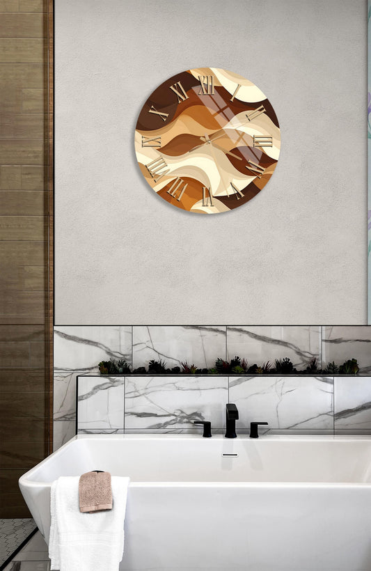 Tempered Glass Wall Clock – Brown Beige Abstract Wave Design, Large Round Shape