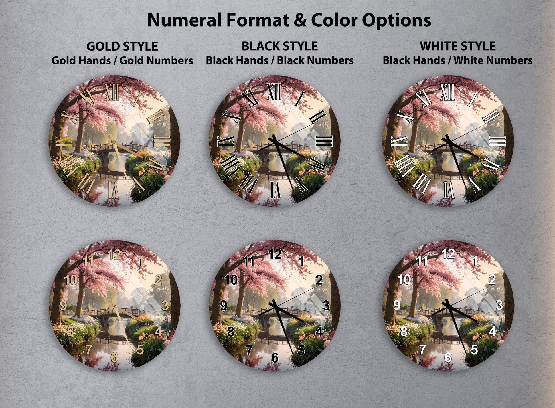 a collection of six round wall clocks, each with a different color and style, arranged in a grid. The clocks feature various designs, such as a bridge, trees, and flowers, creating a visually appealing and diverse display.