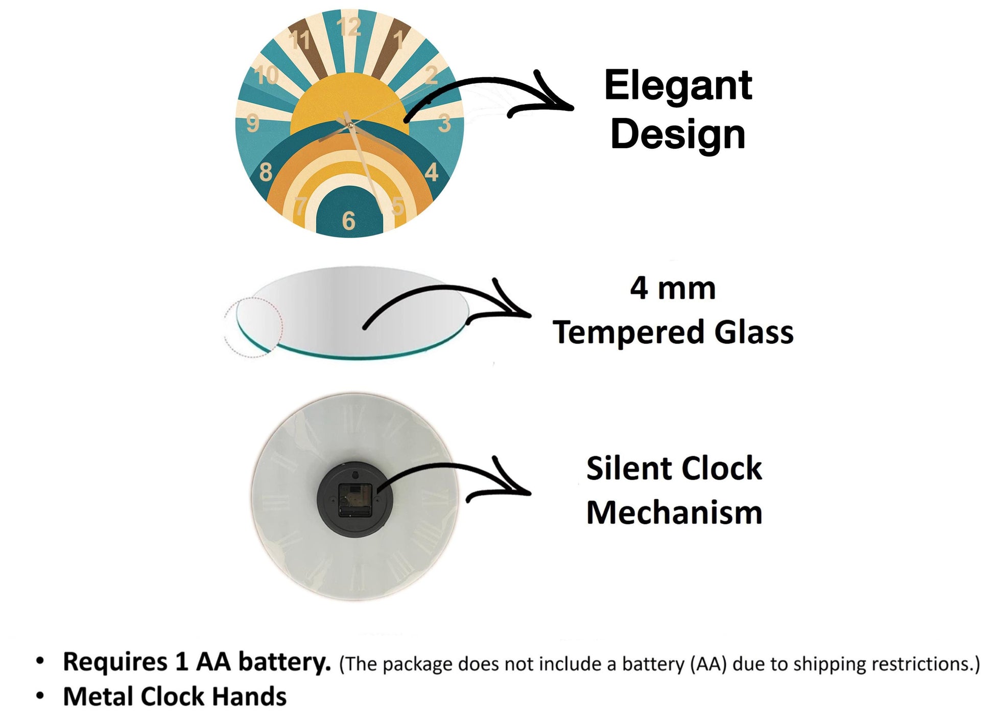 The image is a diagram that illustrates the features of a clock, including its design, materials, and mechanism.