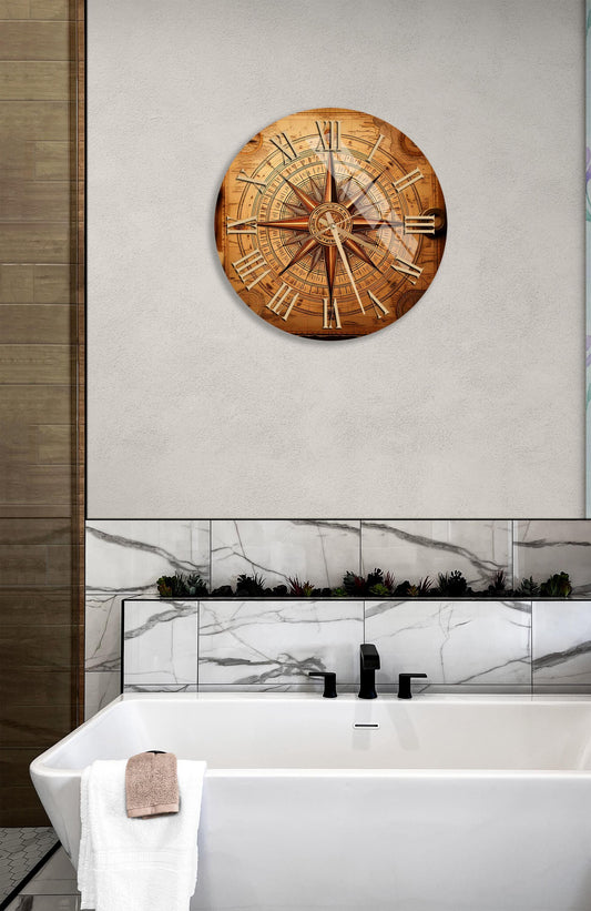 Tempered Glass Wall Clock – Nautical Map Design | Rustic Brown Tones, Silent