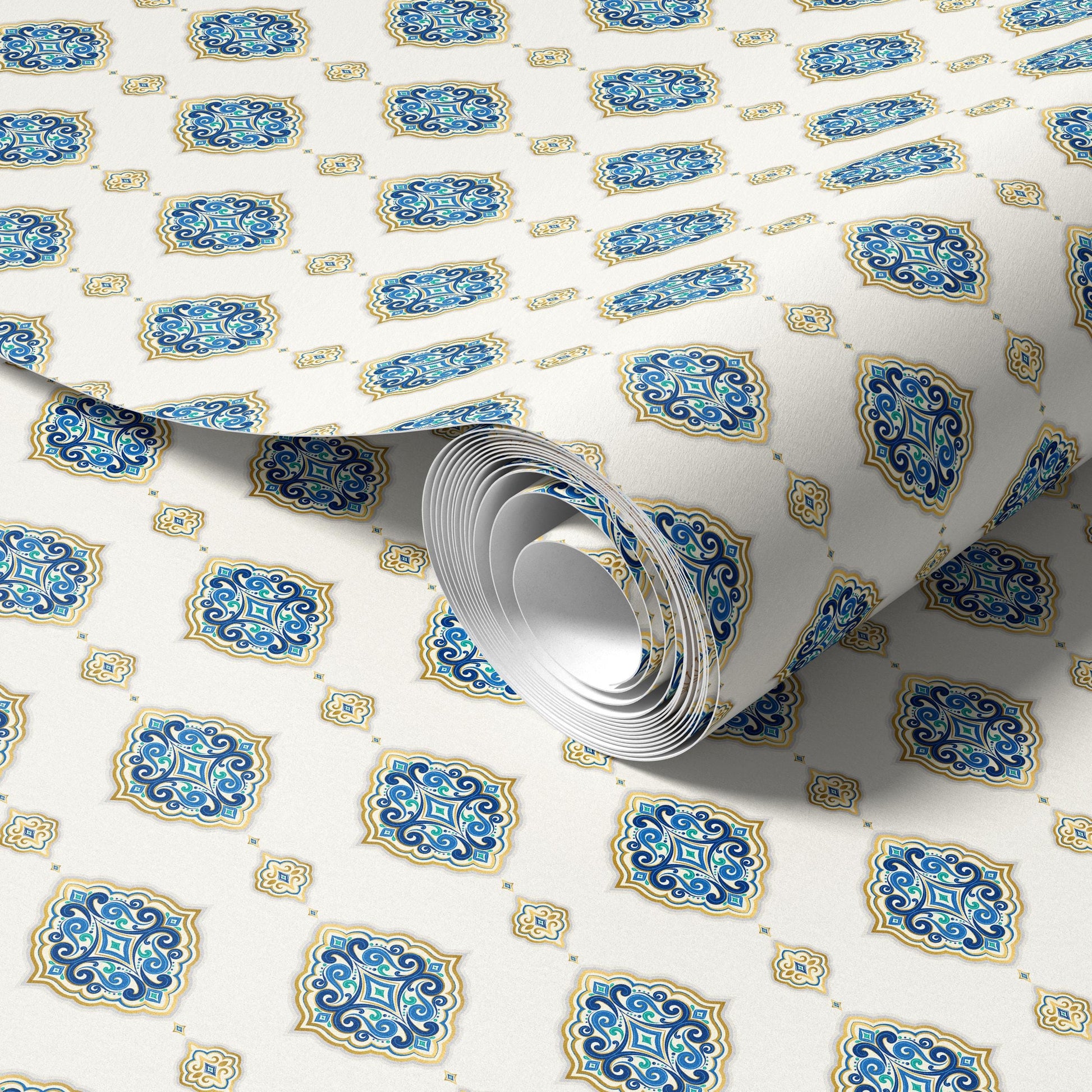 a roll of wallpaper with a repeating pattern of blue and gold designs.