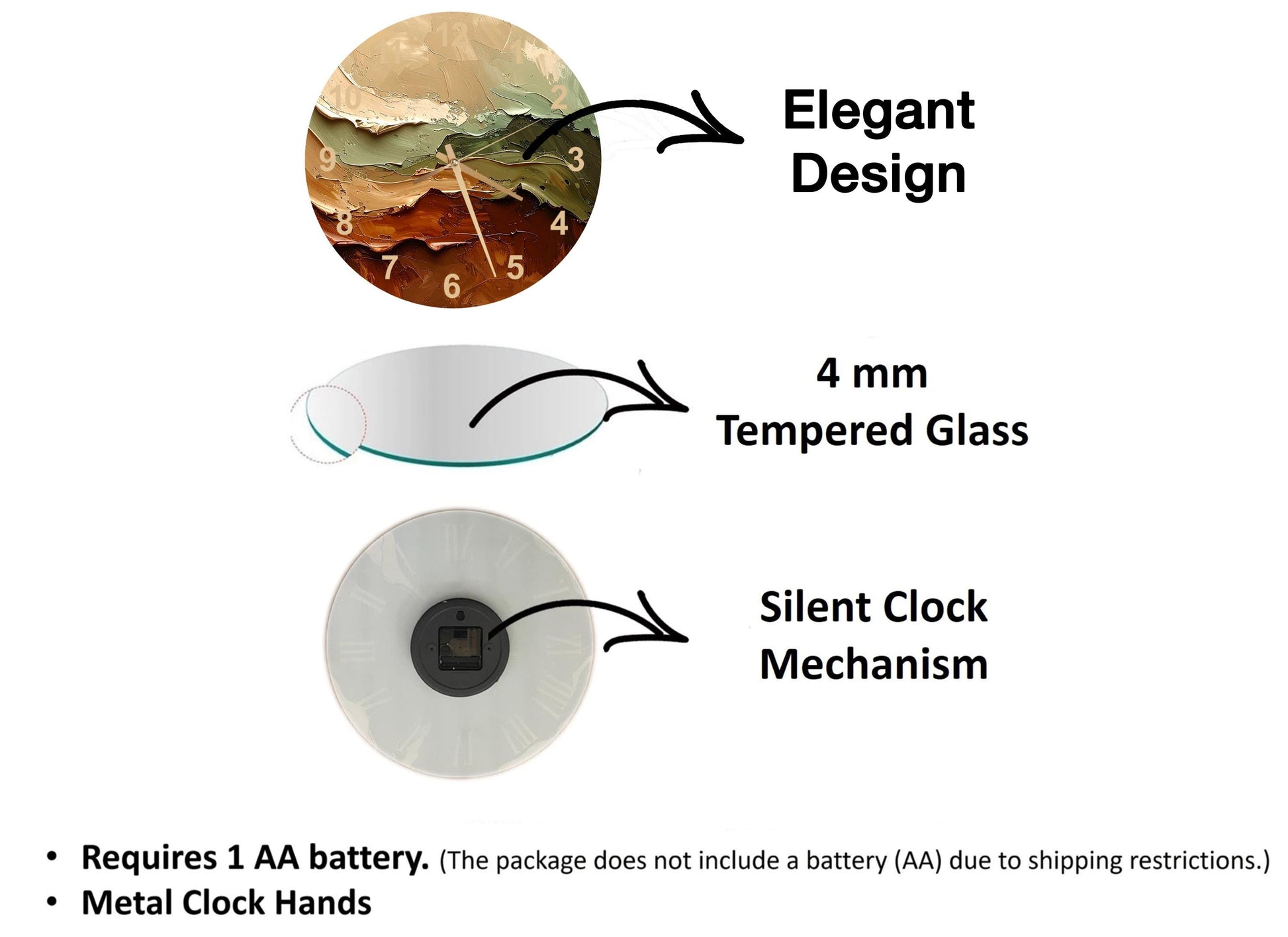 The image is a diagram that illustrates the features of a clock, including the type of glass used, the mechanism, and the battery requirements.
