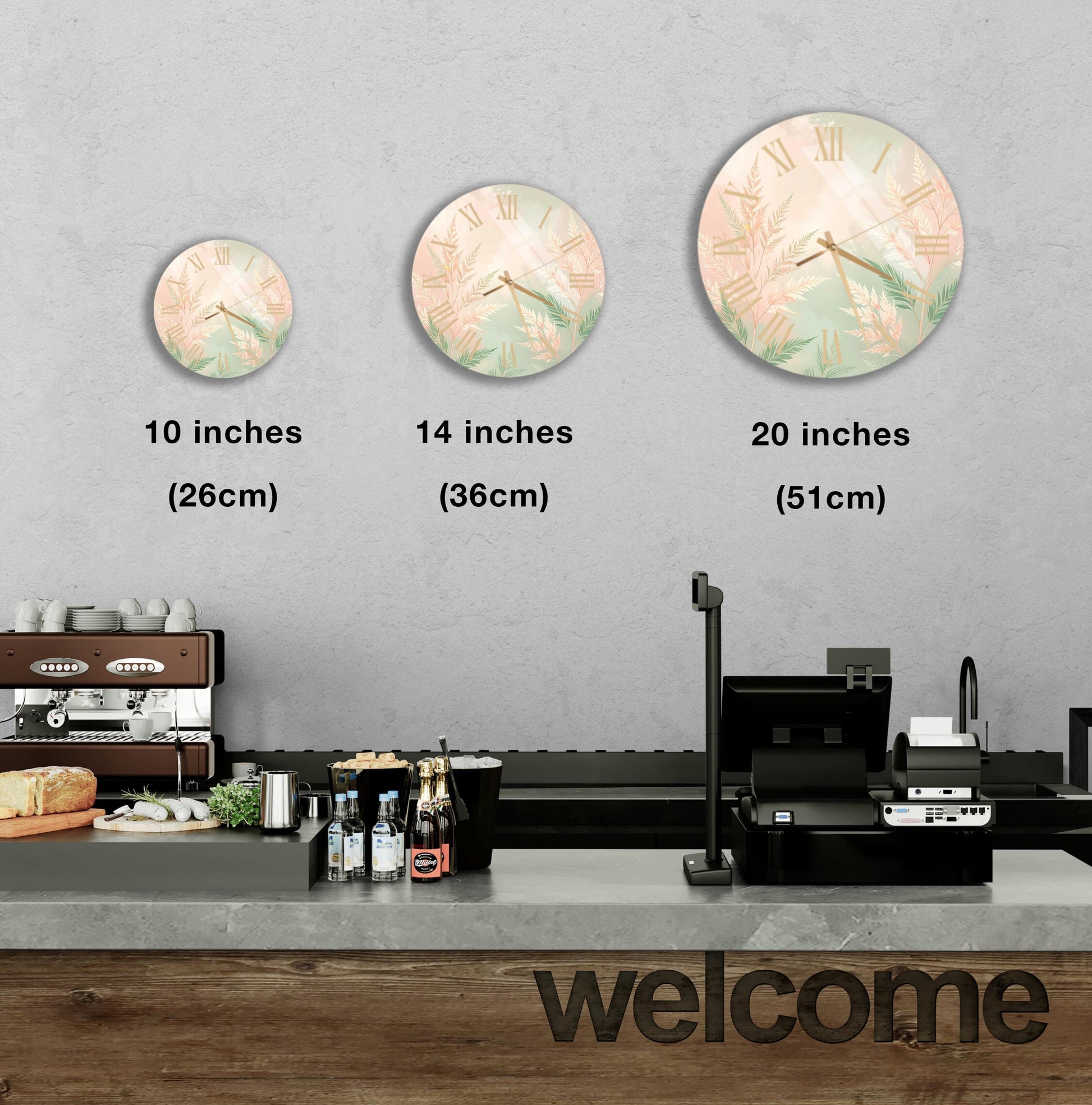 a counter with a cash register, a coffee machine, and a welcome sign. There are three clocks displayed on the wall, each at different sizes, indicating the time in inches.