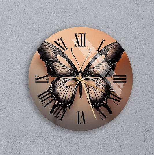Tempered Glass Wall Clock - Colorful Butterfly Design, Silent & Scratch Resistant