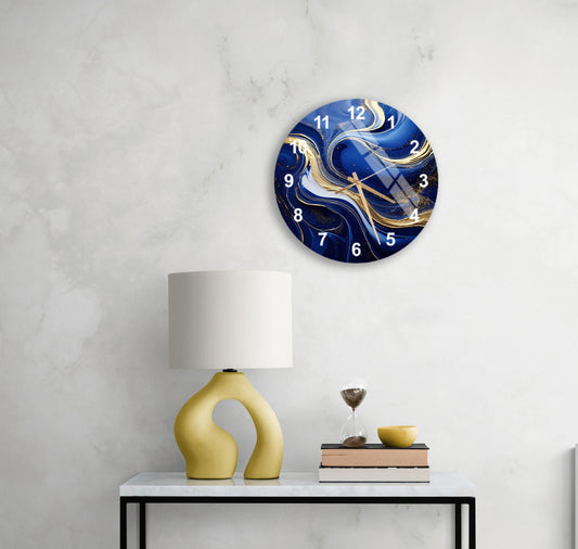 Tempered Glass Wall Clock – Navy Blue Liquid Swirl Abstract Wall Art Decor