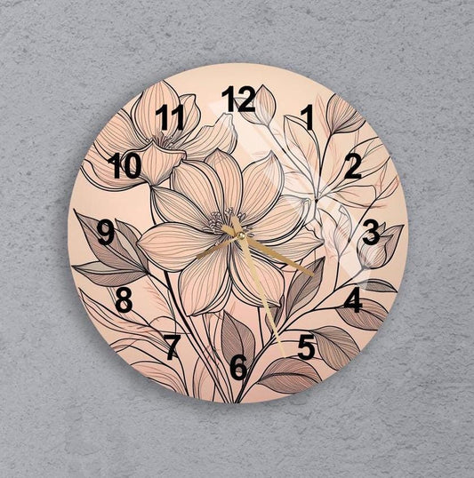 Floral Glass Wall Clock – Tempered Glass, Minimalist Flower Design, Beige Decor