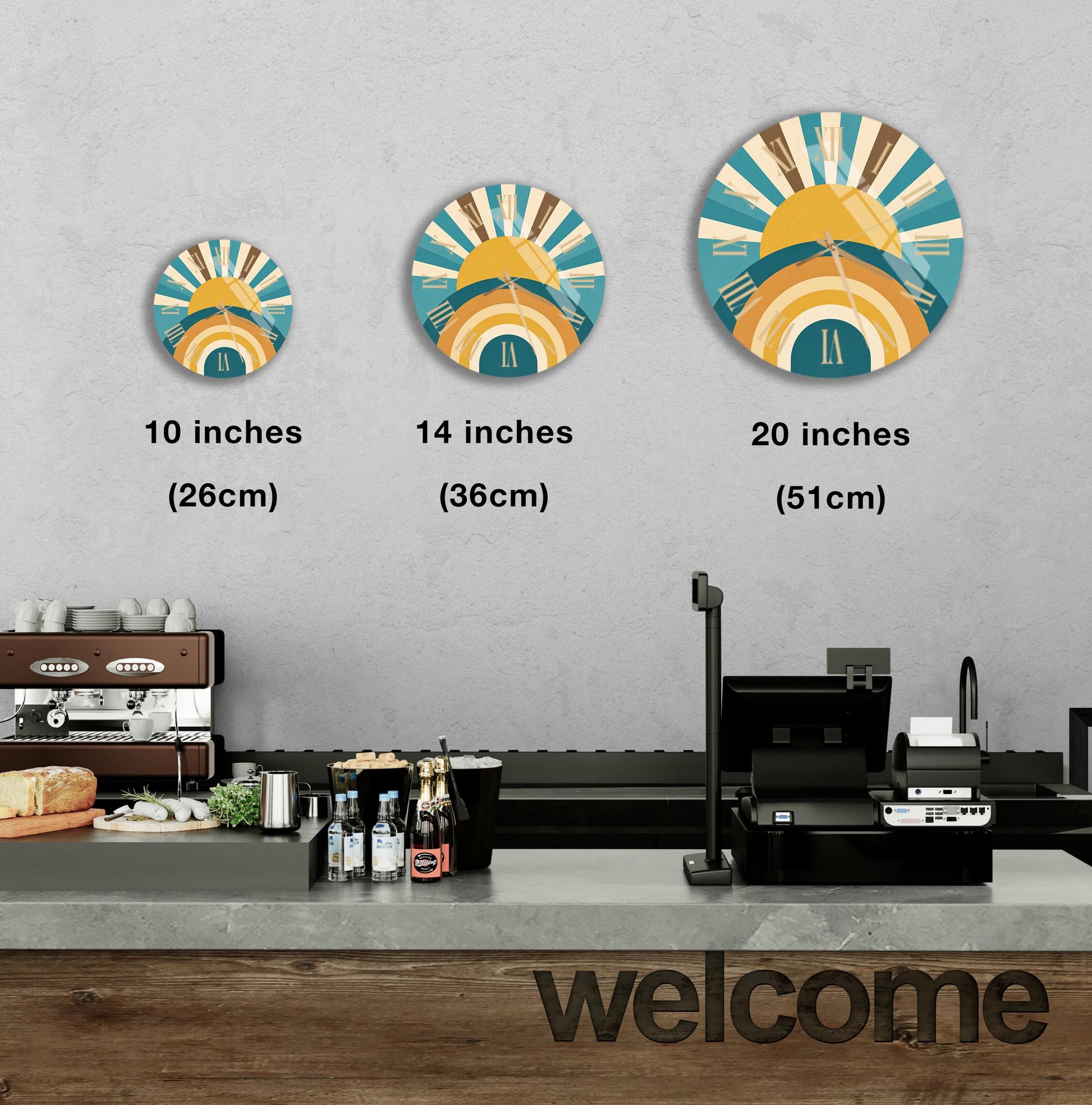 a wall with three clock designs of different sizes, each with a unique design and color scheme. The wall also displays a welcome sign and a counter with various items, such as bottles and a sandwich.