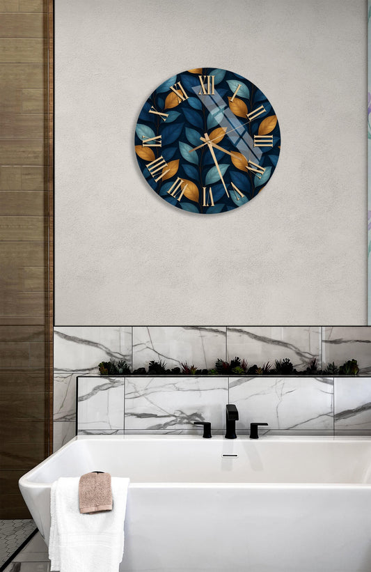 Tempered Glass Wall Clock – Blue & Gold Leaf Pattern, Oversized Modern Art Decor