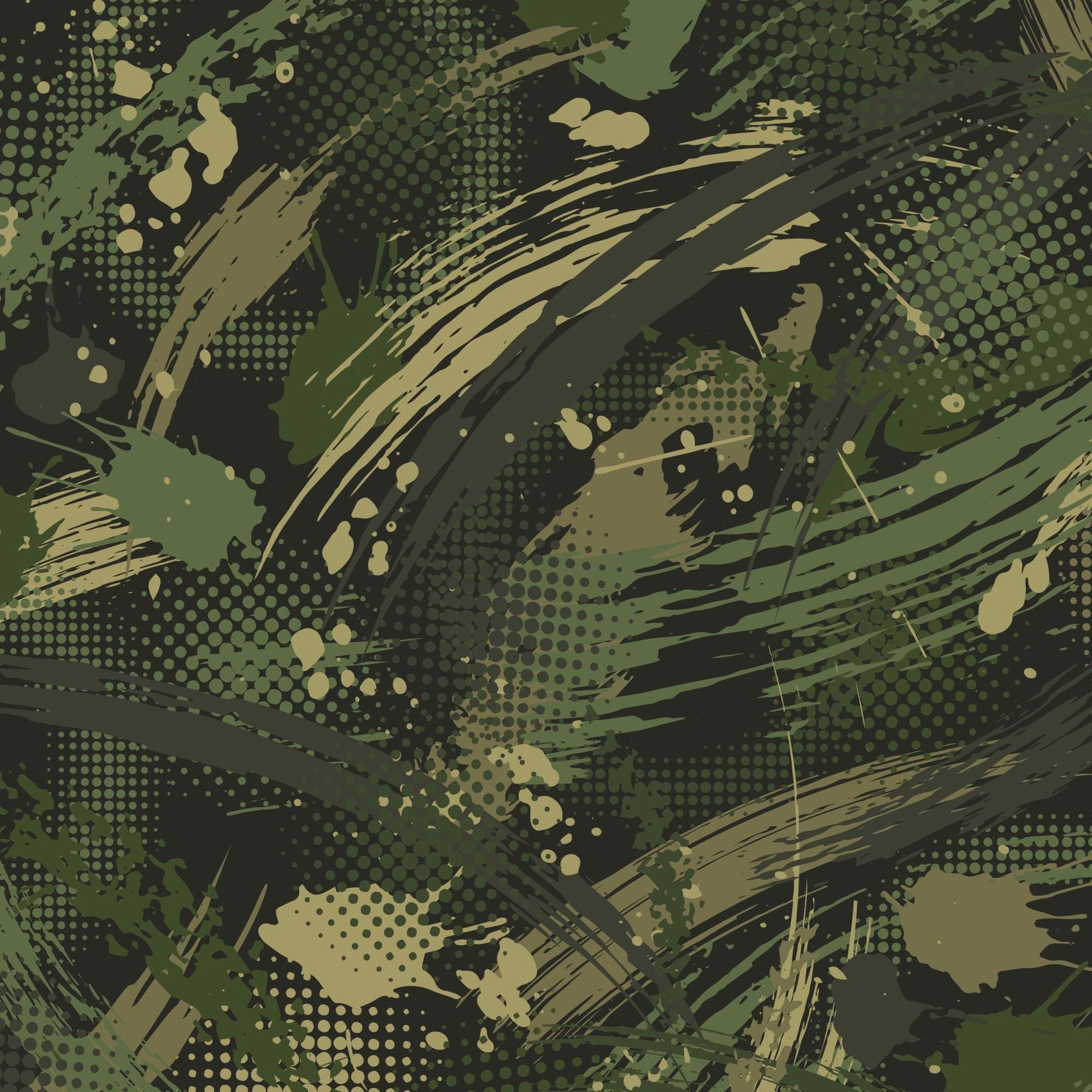 The image is a camouflage pattern with various shades of green and brown, resembling a natural environment. The pattern is composed of brushstrokes and splatters, creating a textured and abstract visual effect.