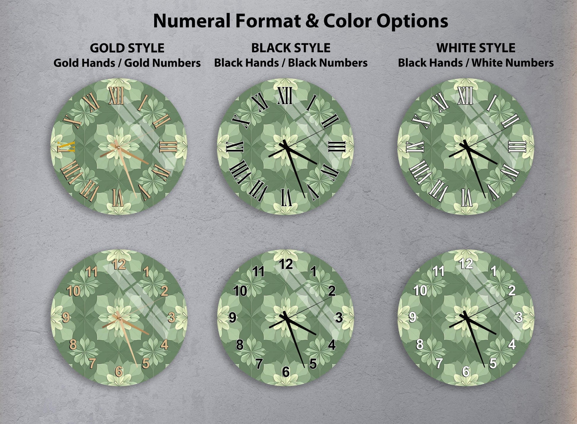 a collection of six clock faces with different styles and color options, arranged in a grid format.