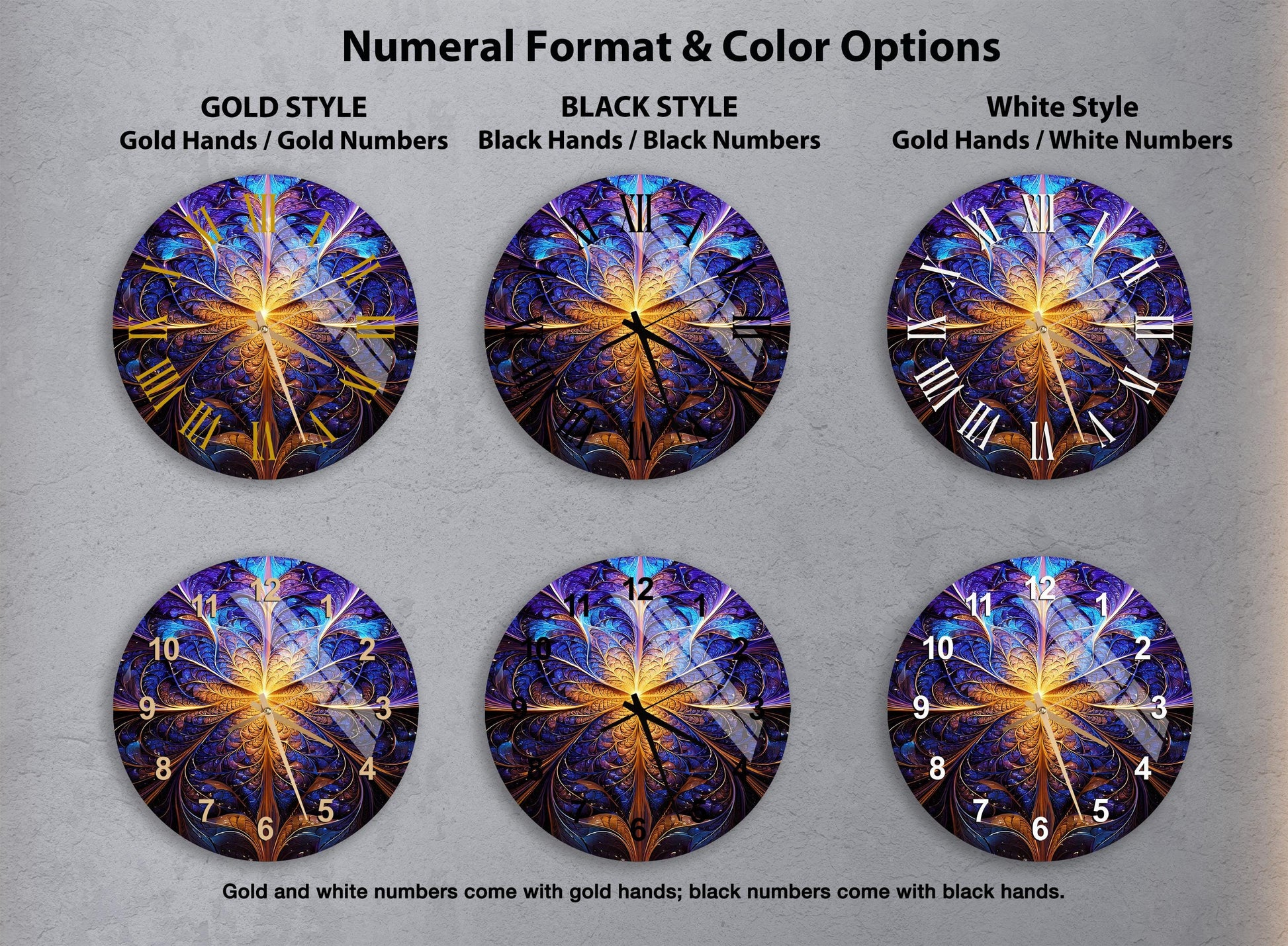 a set of four clocks with different designs on them