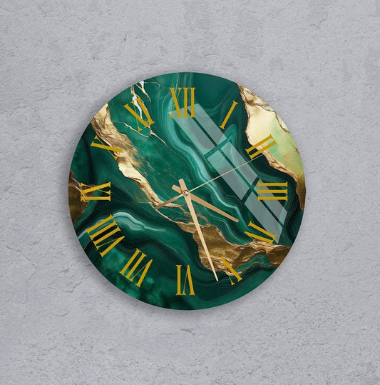 Tempered Glass Wall Clock - Marble Style Abstract Green Gold Decor, Silent Timepiece