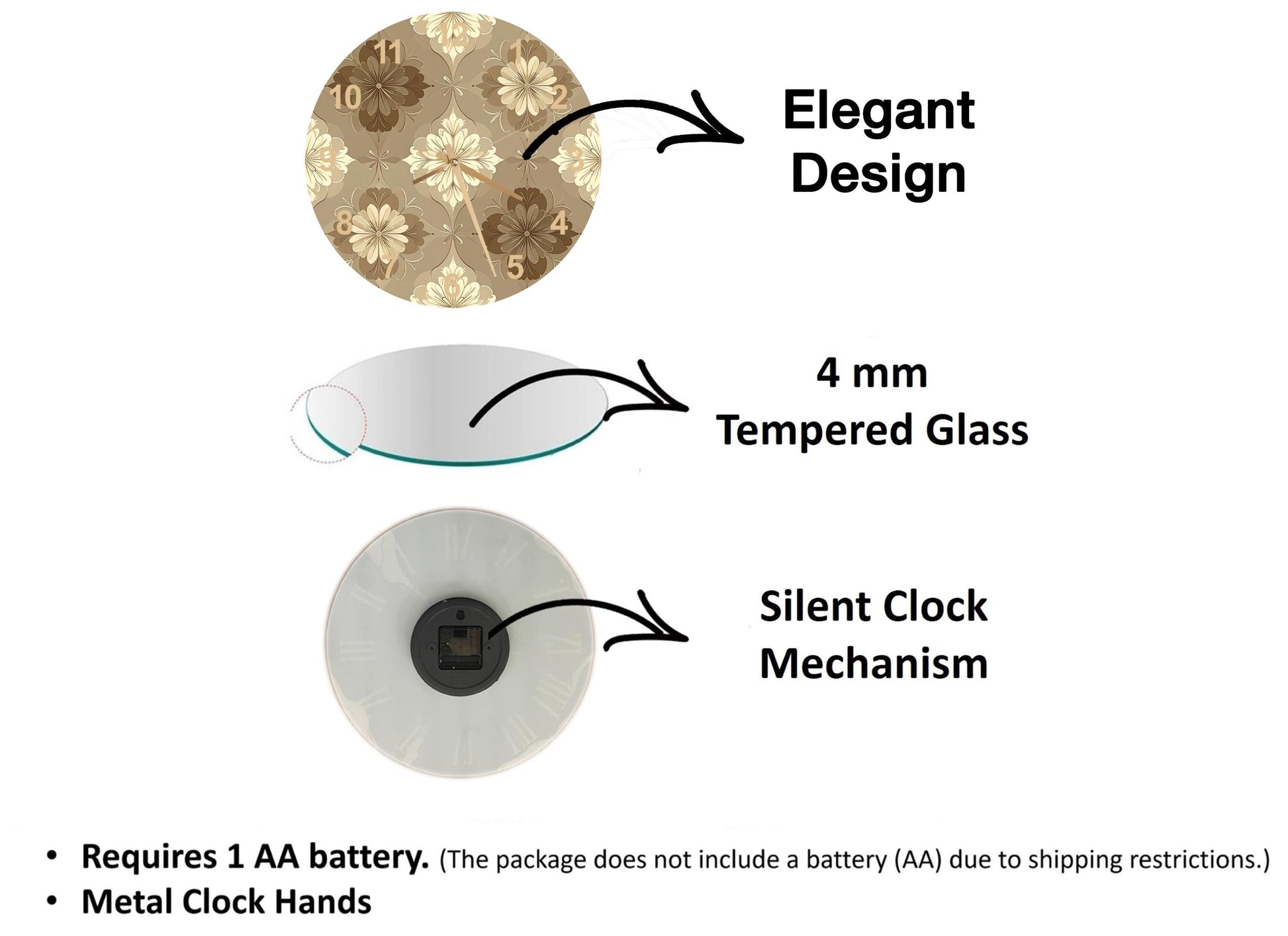 The image is a diagram that illustrates the features of a clock, including its design, materials, and mechanism. It shows a 4 mm Tempered Glass face, a silent clock mechanism, and a metal clock hand. The diagram also includes text that explains the features of the clock, such as the requirement of a 1 AA battery and the absence of a battery (AA) due to shipping restrictions.