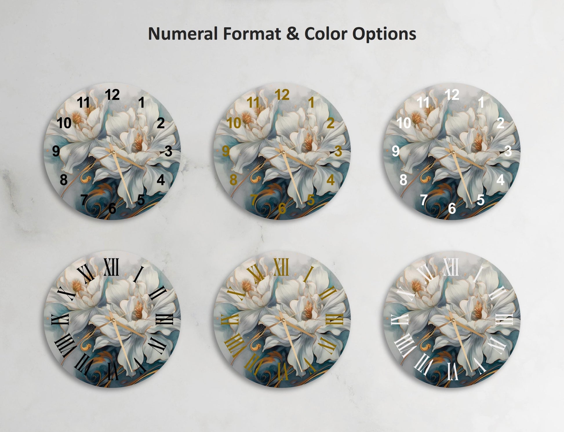 a set of four clocks with flowers painted on them