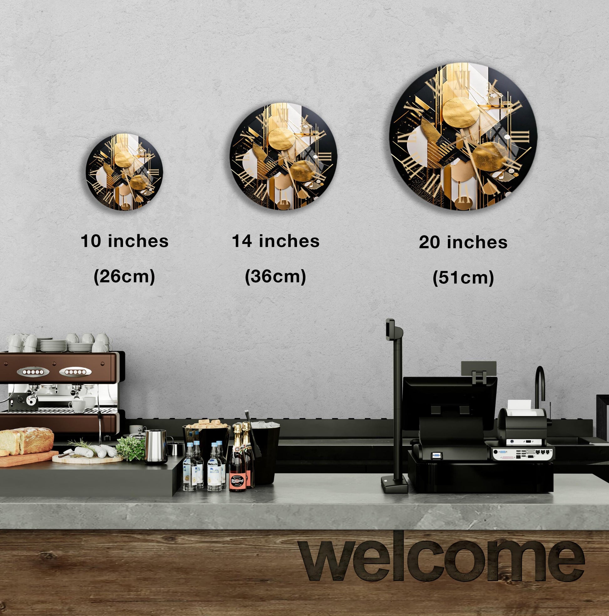 a coffee shop with three clocks on the wall