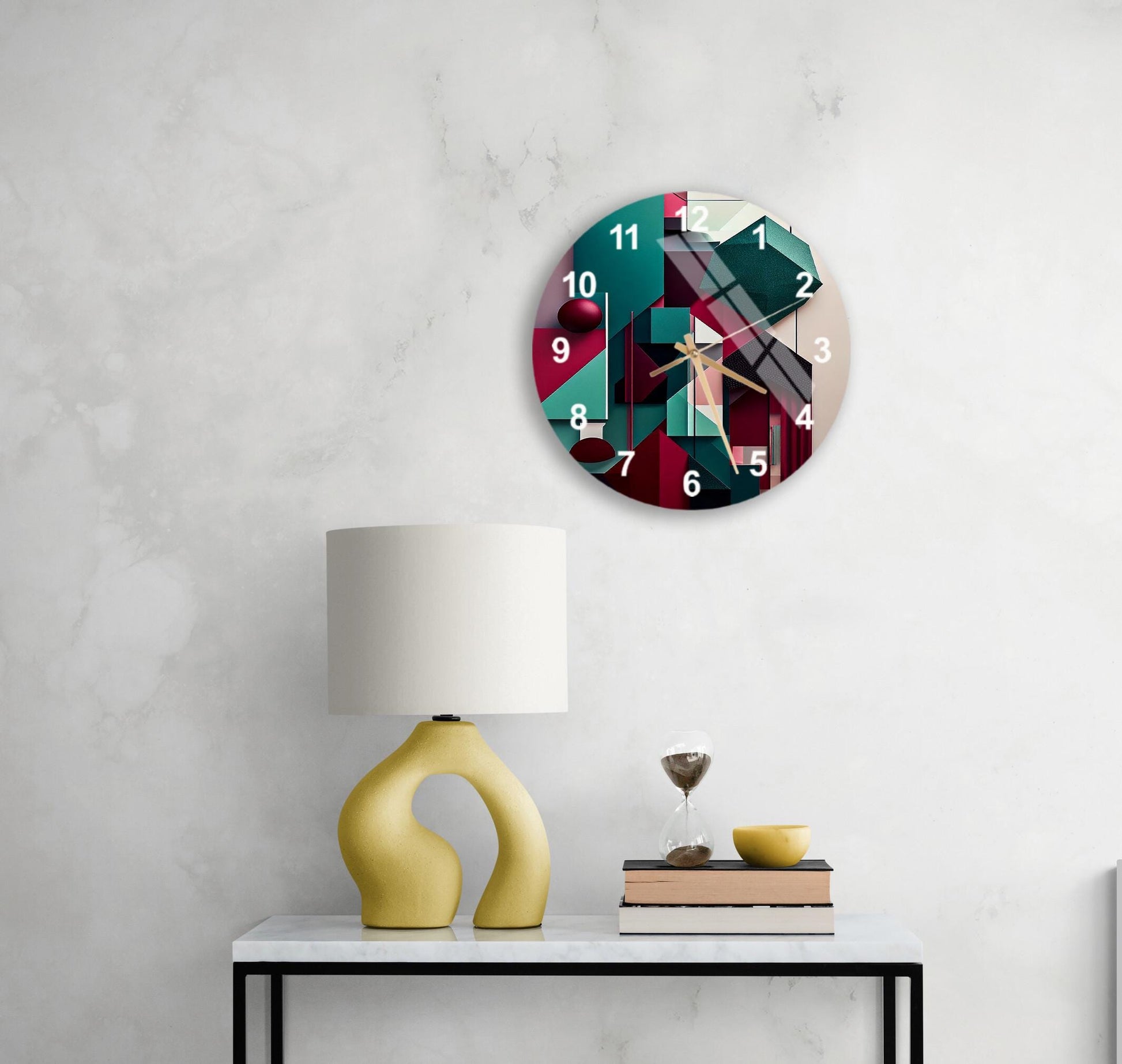 a table with a lamp and a clock on it