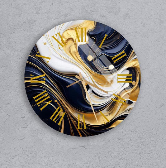 Tempered Glass Wall Clock - Marble Style Abstract Liquid Swirls Gold Purple Art