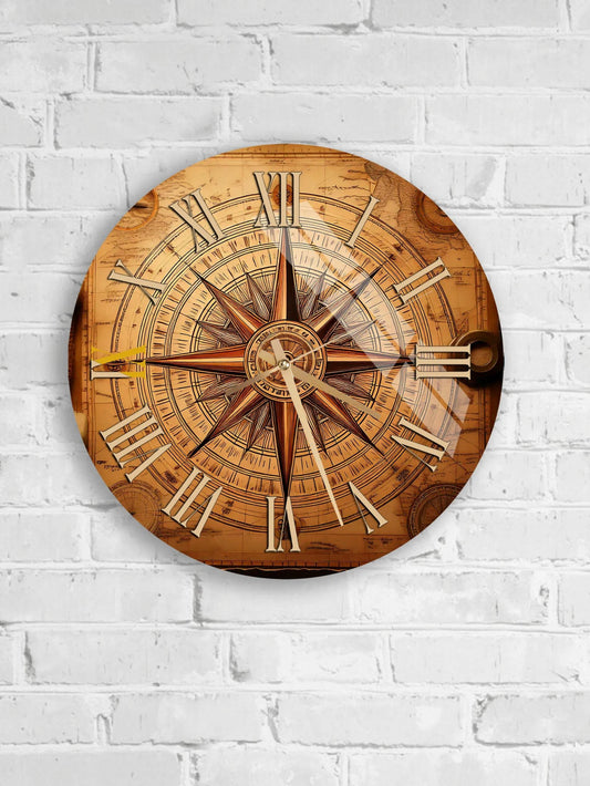 A round wall clock with Roman numerals and a compass rose design, mounted on a white brick wall.