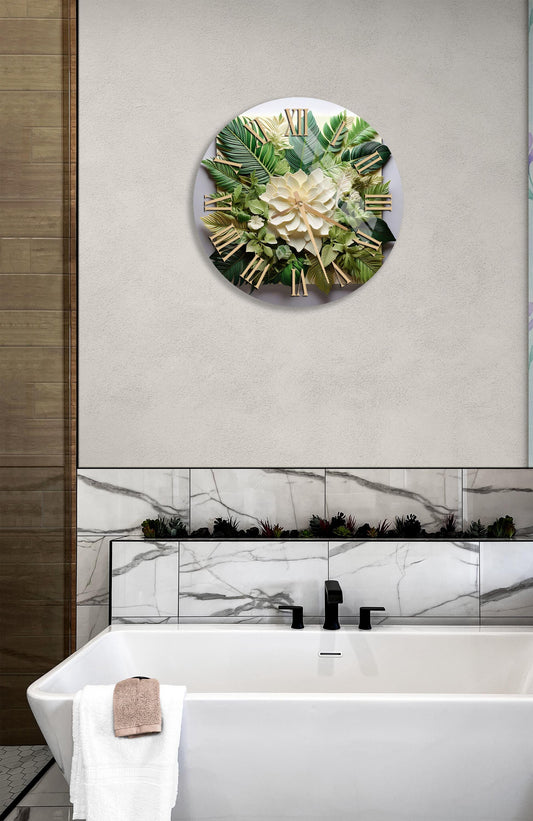 Botanical Glass Wall Clock – Green Leaves Floral Design | 4mm Tempered Glass