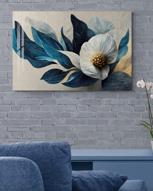 Floral Wall Art – Large Blue White Botanical Tempered Glass Decor for Living Room