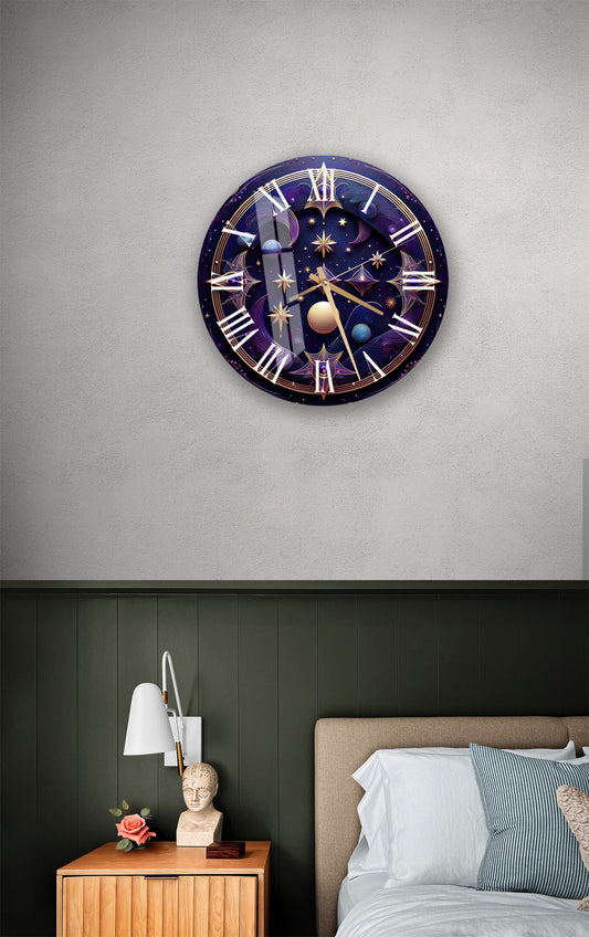 Tempered Glass Wall Clock – Celestial Lunar Phases, Deep Blue Modern Decor