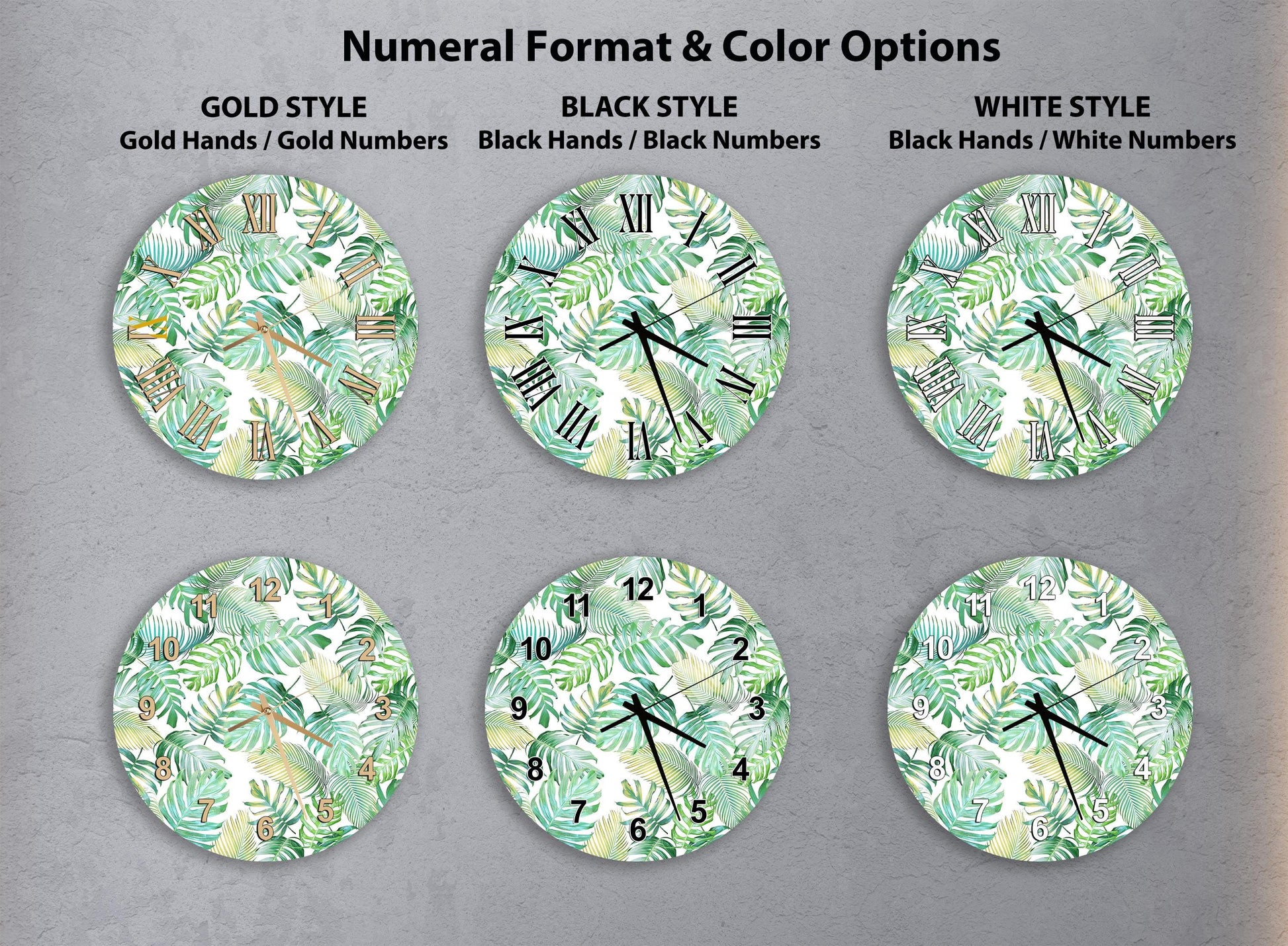 a collection of six round wall clocks with different styles and color options, featuring a tropical leaf pattern.