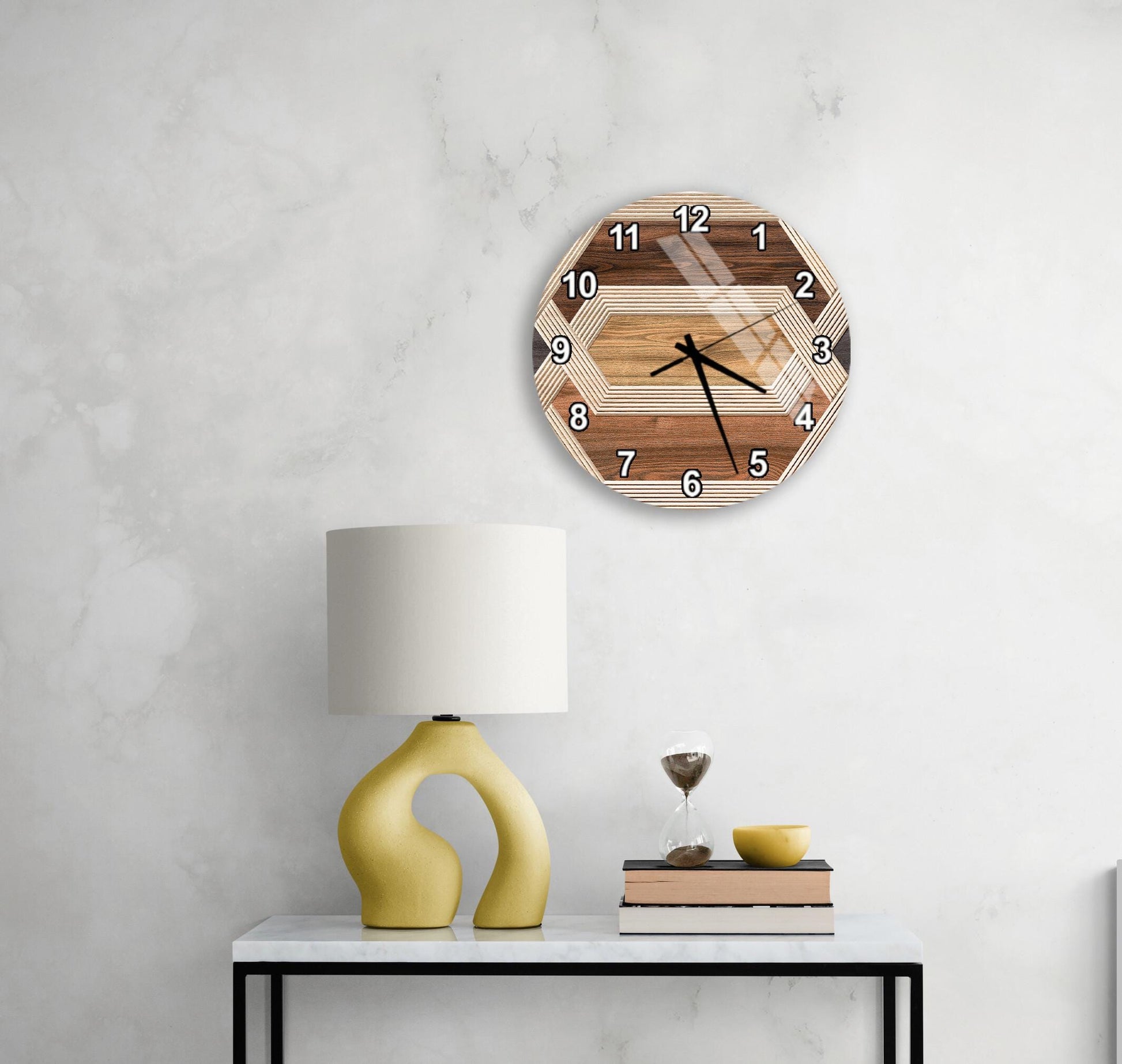 a modern interior design with a wooden clock, a yellow lamp, and a white table.