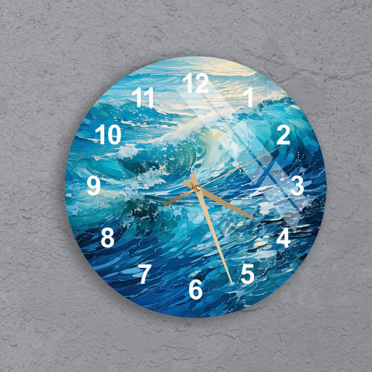 a clock with a painting of a wave on it