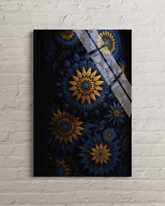 Gold Sunflower Mandala Tempered Glass Art - Navy Blue Bohemian Wall Decor